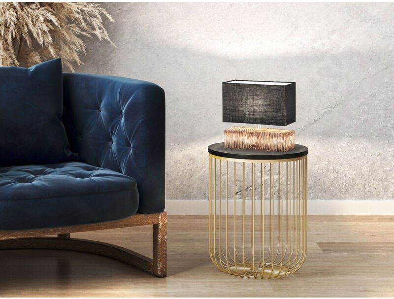 LED Tischlampe mit Keramikfuß Holzoptik & Leinenschirm Grau, Höhe 30cm