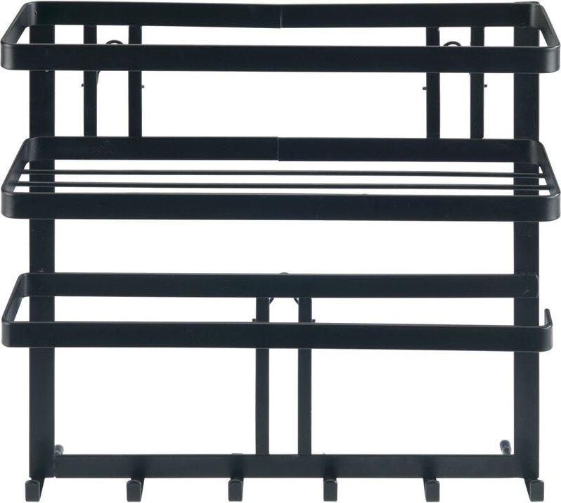 Multifunktionsregal Gala, Küchenregal mit Küchenrollenhalter & Reling inkl. 6 Haken, Schwarz, pulverbeschichtetes Metall...
