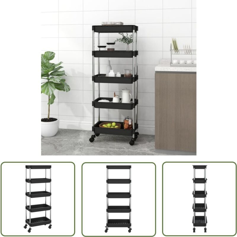 The Living Store Küchenwagen 5 Etagen Schwarz 42x29x128 cm Eisen und ABS - Küchentrolley - Küchenwagen - Stauraummöbel -...