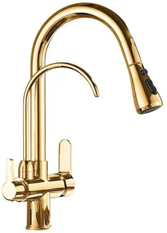 3-Wege-Umkehrosmose-Wasserhahn, ausziehbar, geschwungene Linien Serie Apolo Gold