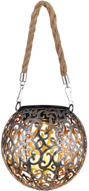 Solarlaterne Hängeleuchte mit Seil, Leuchtkugel Metall Silber Antik Ø12cm