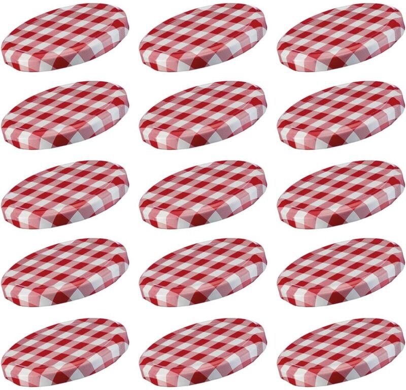 Set mit 15 Schraubdeckeln, 82 mm Durchmesser, Weißblech, für Einmachgläser, rot-weiß kariert