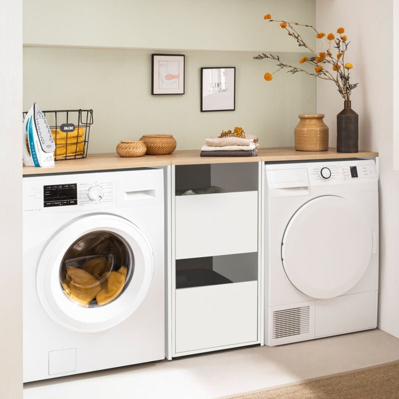 Waschmaschinenschrank mit Wäscheschrank Hauswirtschaftsraum für Waschmaschine und Trockner weiß mit Eiche STOBY-80