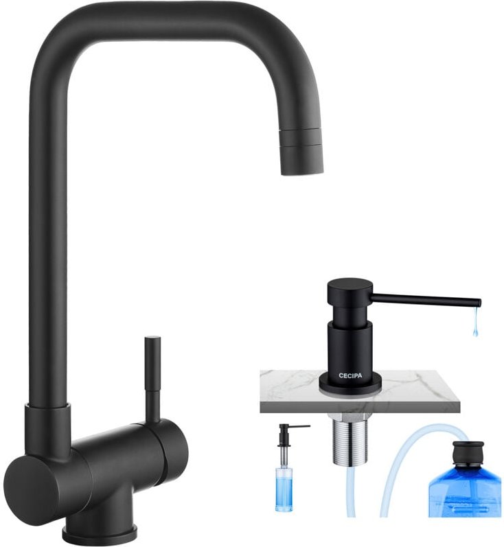 Hochdruck Faltbarer Küchenarmatur, faltbarer Spültischmischer als Unterfenster, Schwarz + Küchenseifenspender mit 300-ml...