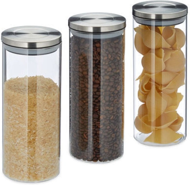 Relaxdays Vorratsglas 3er Set, luftdicht, Edelstahl Deckel, für Pasta, Müsli & Reis, 1,5 l Küchenbehälter, transparent