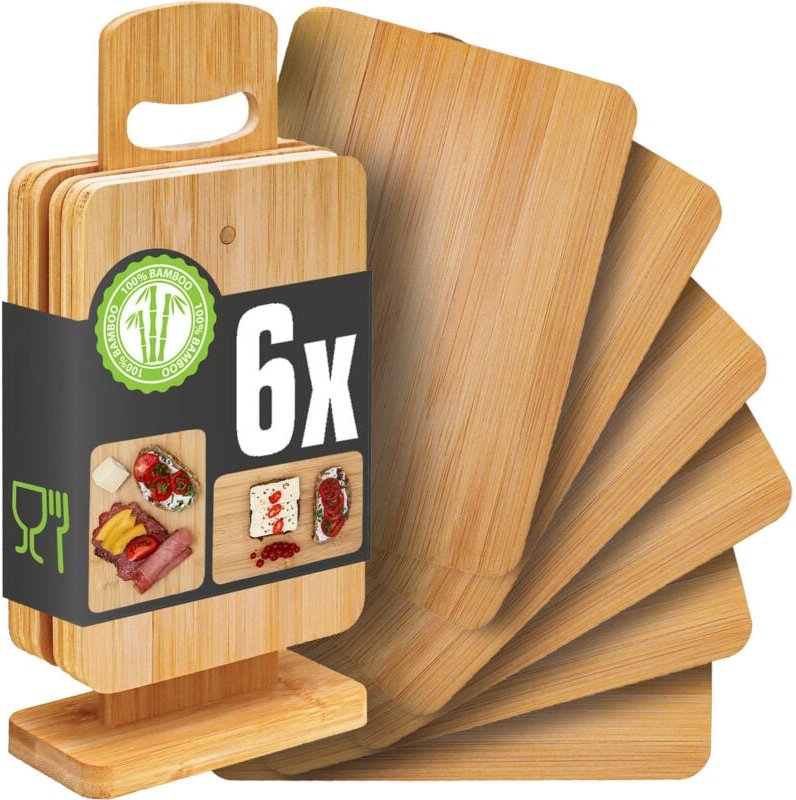 Dunedesign - 6er Set Frühstücksbrettchen mit Ständer - 22x15 Holzbrettchen Brotbretter