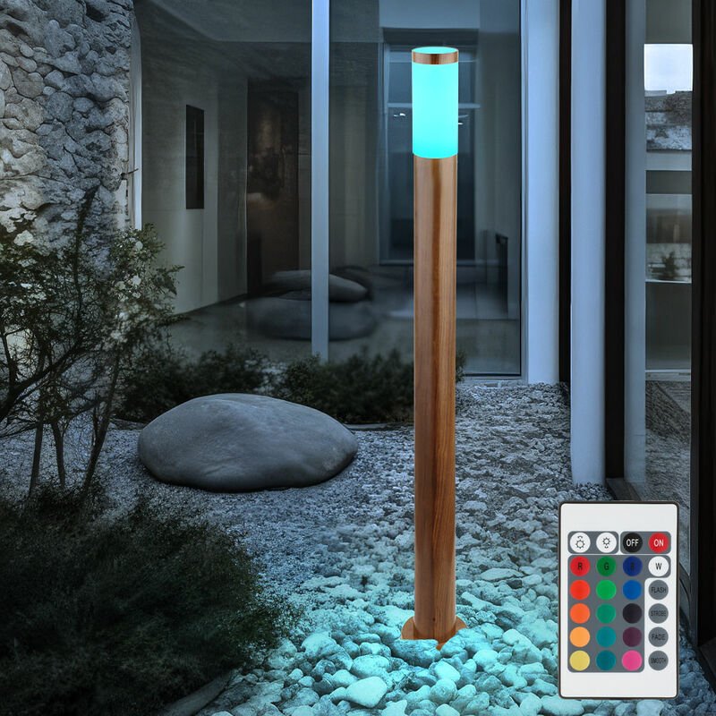 Stehleuchte Außenleuchte Gartenlampe Standleuchte Wegelampe Terrasse IP44, Edelstahl holzoptik, Fernbedienung dimmbar, r...