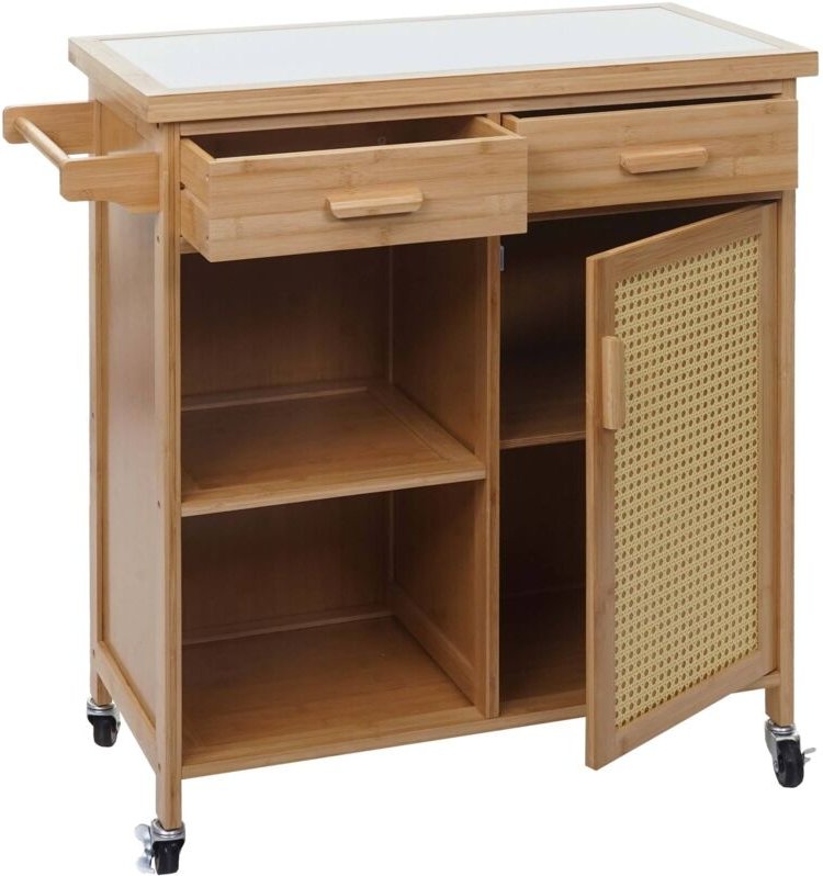 HHG - Servierwagen 670, Küchenwagen Barwagen Rollwagen, Griff Schublade Arbeitsplatte 85x84x36cm Bambus, braun