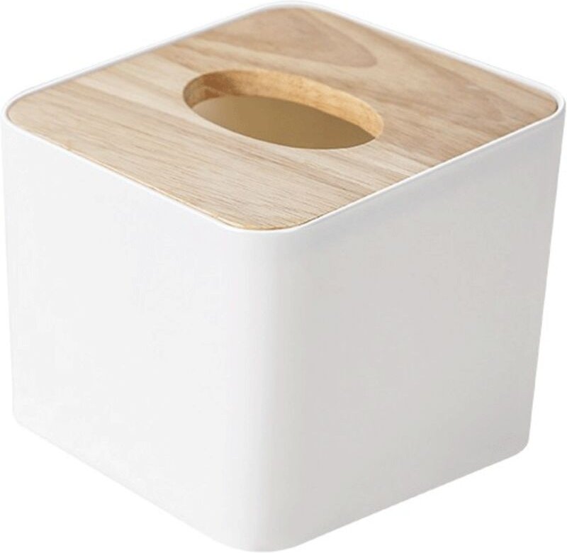 Taschentuchbox aus Holz, 10,5 x 10,5 x 9,5 cm, Gummi + pp, quadratisch, für Esszimmer, Büro, Auto, Badezimmer (weiß) - L...