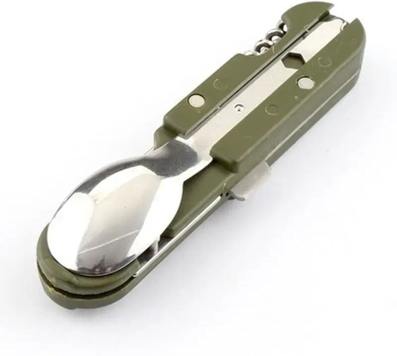 Klappbares Edelstahl-Besteckset in Armeegrün mit Flaschenöffner, für Camping, 1 Set