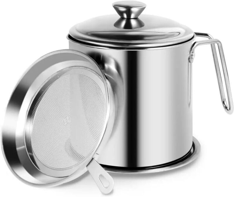 Récipient à graisse avec filtre et couvercle, 1,4 L, en acier inoxydable, anti-fuite, avec poignée antidérapante, pour h...