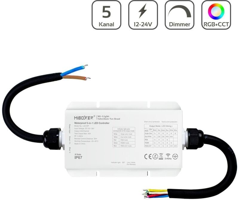 MiBoxer RGB+CCT LED Controller IP67 5 Kanal 12/24V Multifunktion LED Strip Panel Steuerung LS2-WP
