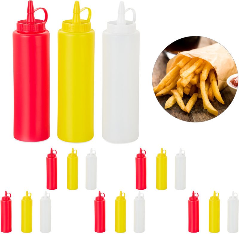 18 x Squeeze Flasche, für Saucen, zum Quetschen, nachfüllbar, Zuhause & Gastronomie, Dosierflasche 400 ml, rot/gelb/weiß