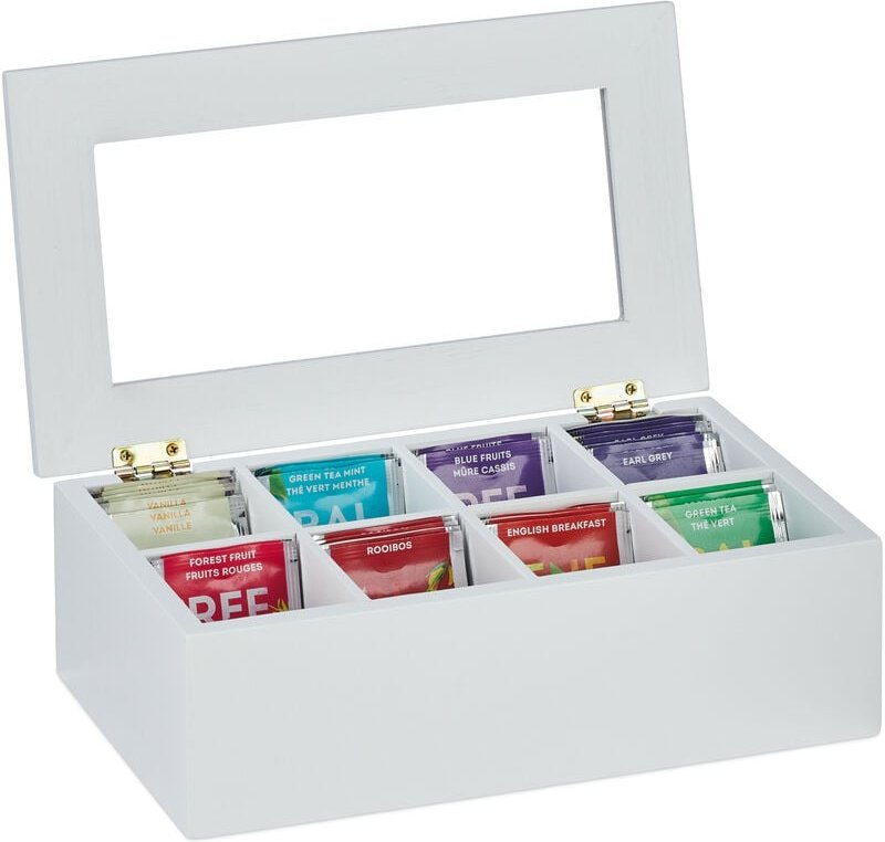 Relaxdays - Teebox, 8 Fächer, Bambus, hbt: 9x28x16 cm, für Tee & Kaffeepads, Teekasten mit Deckel, staubgeschützt, weiß
