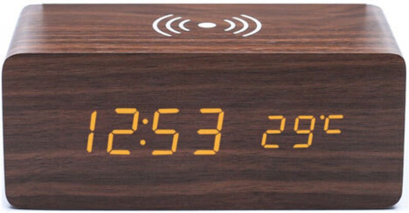 1 Stk. brauner Holzwecker mit Qi Wireless-Ladegerät, kompatibel mit iPhone Samsung, digitale LED-Holzuhr mit Tonsteuerun...