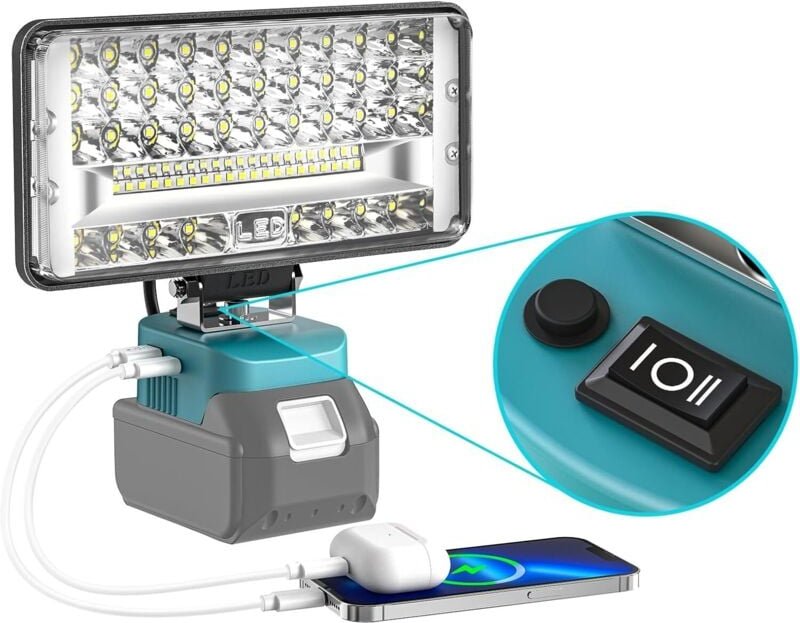 Wiederaufladbare LED-Arbeitsleuchte für Makita 18V Akku – 60W LED-Arbeitsleuchte mit Doppelschalter und Typ C/USB-Arbeit...
