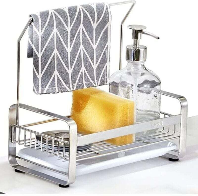 Ineasicer Schwammhalter für die Spüle aus Edelstahl mit Handtuchstange, abnehmbare Platte zur Aufbewahrung von Spülbürst...