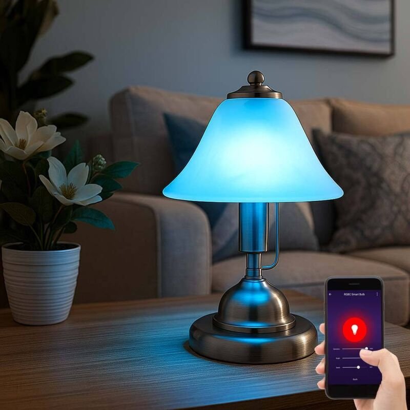 Smart LED Tischleuchte dimmbar Nachttischleuchte Alabaster Glas Tischlampe Schlafzimmer, Farbwechsel, Nickel matt, 5W 47...