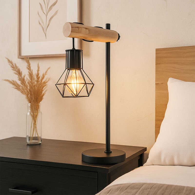 LED Tischleuchte Wohnzimmerlampe Leseleuchte Gitter Beistellleuchte Tischlampe Holzleuchte, Metall, 7W 806Lm warmweiß, L...
