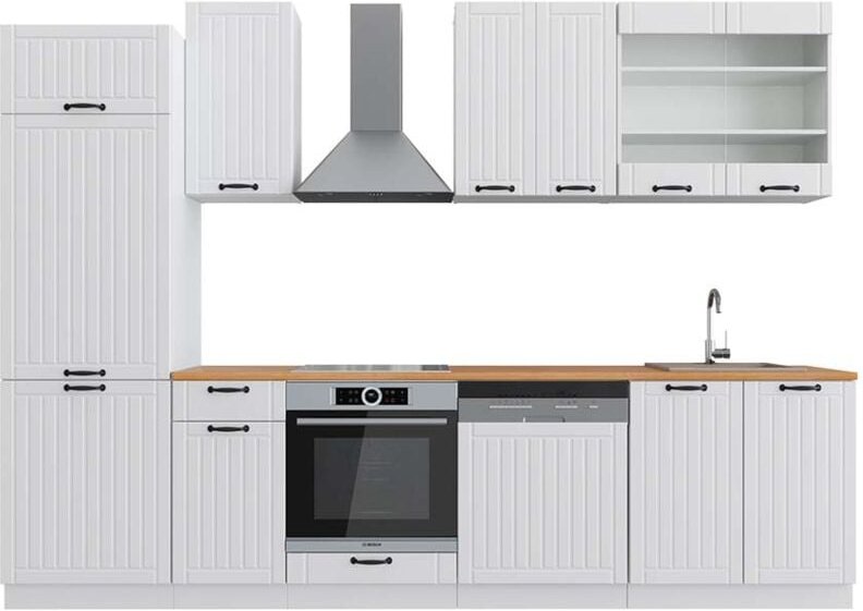 Vicco - Küchenzeile Fame-Line, Weiß Landhaus/Weiß, 300 cm , ap Eiche