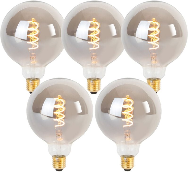 Set mit 5 dimmbaren E27 LED-Glühbirnen mit Twisted Filament G125 Rauchglas 4W 120lm 1800K