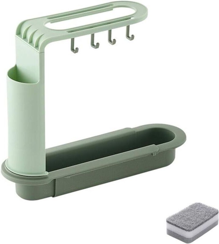 Teleskop-Spülbeckenablage, verstellbare Abtropffläche, Küchenspülen-Abtropfkorb mit Reinigungsschwamm (grün)
