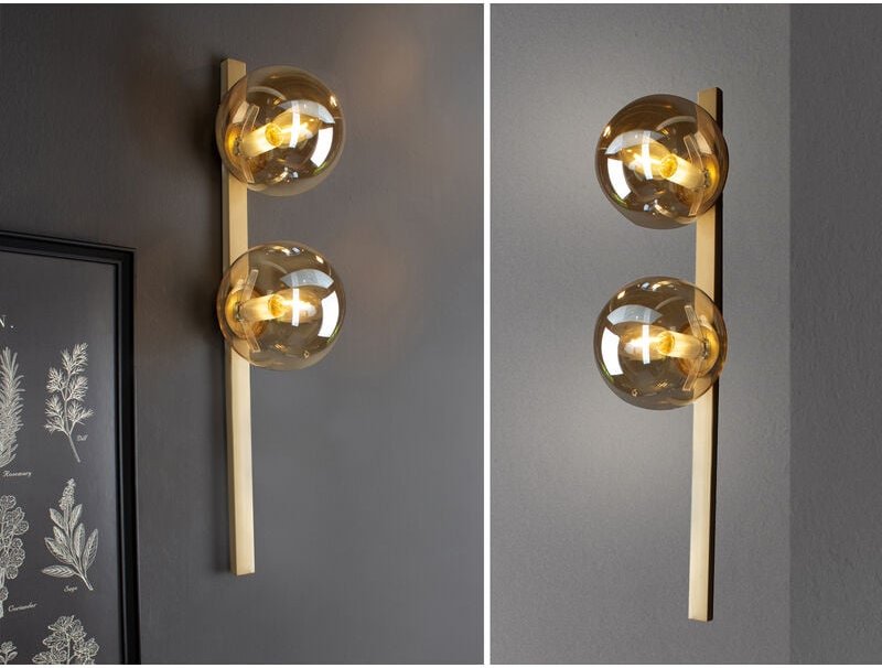 Meinewunschleuchte - Außergewöhnliche led Wandlampe Messing 2 flammig Glaskugel Amber, Höhe 60cm