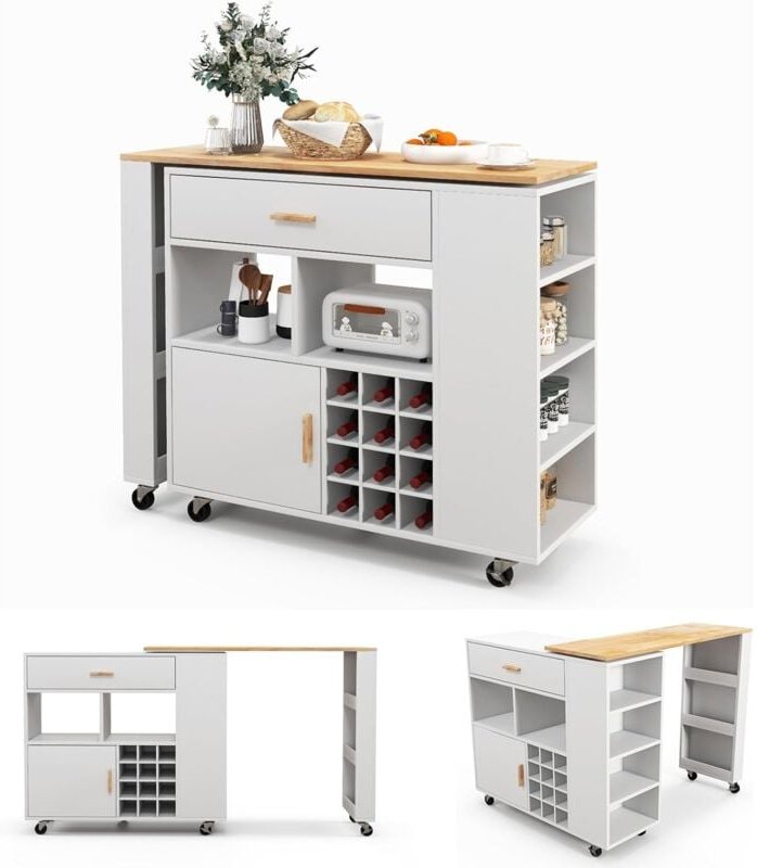 Küchenwagen & Bartisch, Kücheninsel mit verstellbarem Regal, Schublade & Gewürzregal, Weinregal für 12 Flaschen, Küchens...