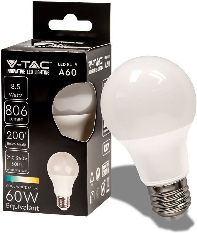 V-tac - LED-Lampe, E27-Sockel, 8,5 w, A60, kaltweiß, Kunststoff