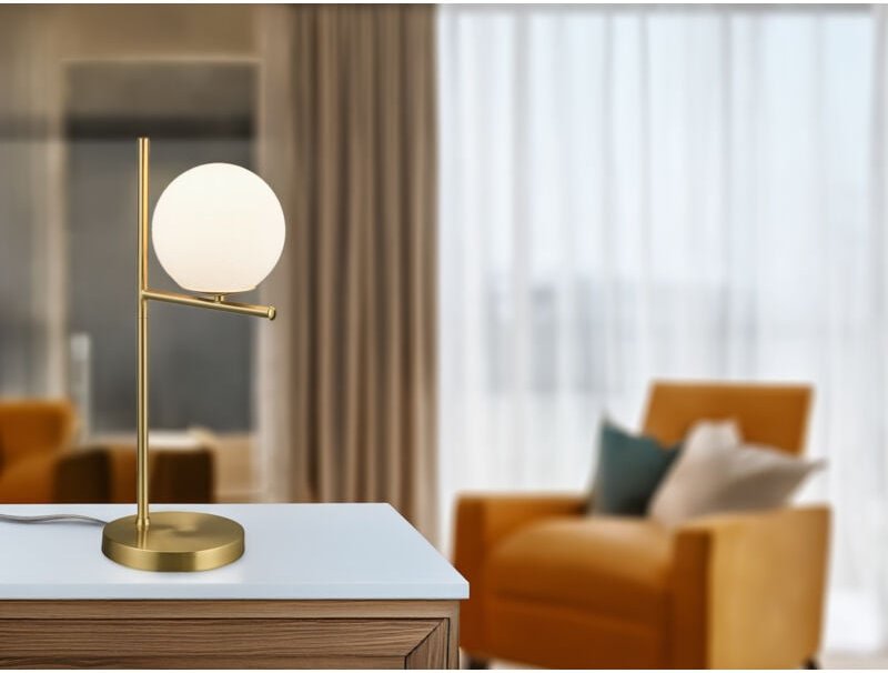 Große led Tischleuchte in Messing mit Glaskugel Weiß, Höhe 52cm