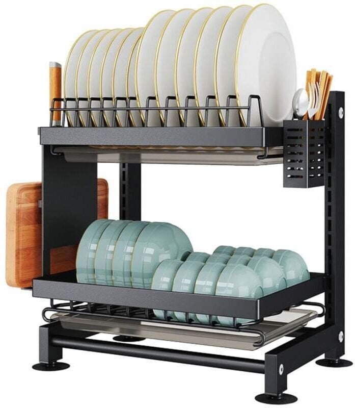2-stöckiger Geschirrständer, schwarzer Geschirrständer, Geschirrständer aus Edelstahl, Geschirrständer mit Besteckhalter...