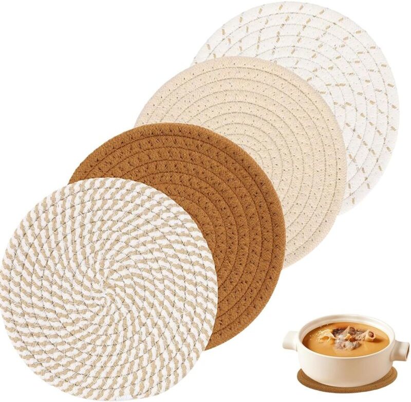 4 Stück Untersetzer aus Baumwollgarn, runde geflochtene Untersetzer, Topfuntersetzer, rund geflochten - für Töpfe.