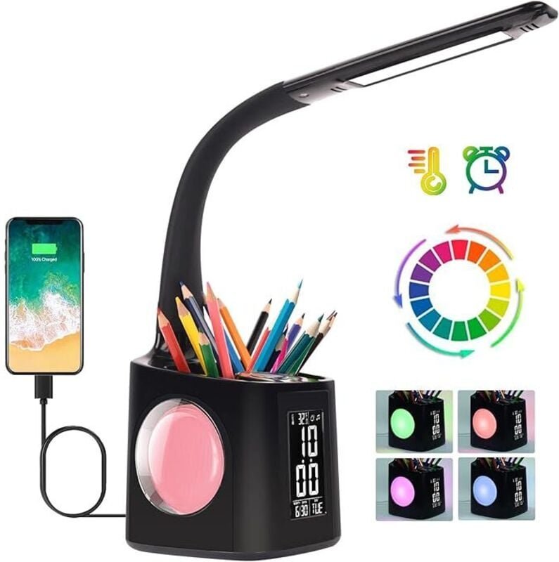 Schreibtischlampe Kinder LED,Tischlampe Dimmbar mit Uhr, Nachttischlampe Tischleuchte mit 256 RGB Nachtlicht/Stifthalter...