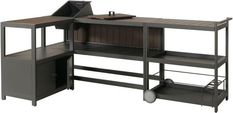 Aluminium Outdoor-Küche 3-teilig HHG 810, Außenküche Garten Servierwagen Eiskübel Schrank anthrazit, dunkle Holzoptik