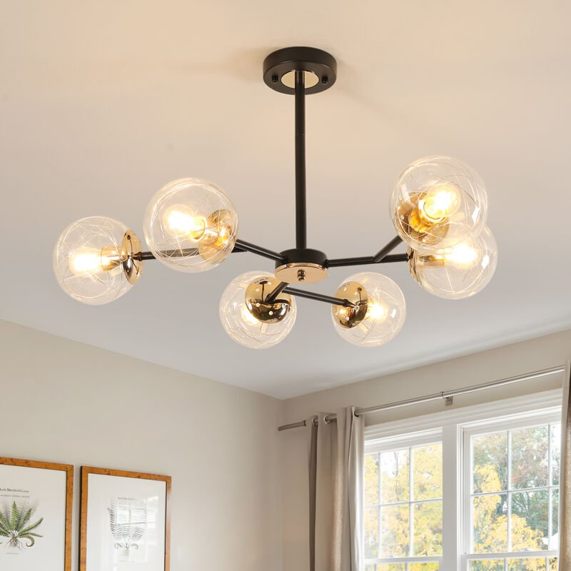 GOECO Molecular Design 6-armige Pendelleuchte, sandgestrahltes Schwarz und Gold, 13 cm Glasschirm, E27-Fassungen (Leucht...