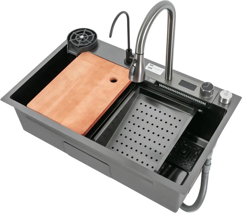 Edelstahl-Küchenspüle, Wasserfallspüle mit Digitalanzeige, multifunktionale Arbeitsspüle, Wasserfallauslauf, Flying Rain...