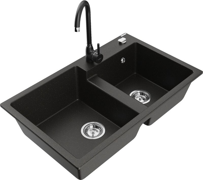 Tomas 2-Becken-Granitspüle mit Mischbatterie Telma, Schwarz/Gold metallisch - 6516-75-670200-70 - Mexen