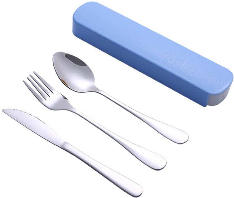 3-teiliges Edelstahl-Besteckset, Camping-Lunchbox-Besteckset, Besteckbox zum Mitnehmen, Messer, Gabel, Löffel mit blauer...