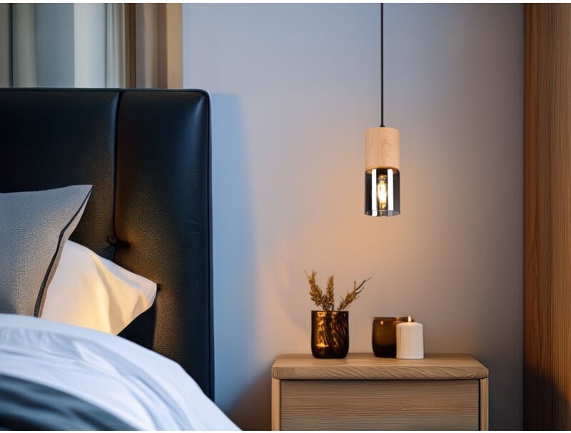 Meinewunschleuchte - Kleine Pendelleuchte yelle 1-flammig Lampenschirm Holz & Rauchglas, ø 10cm