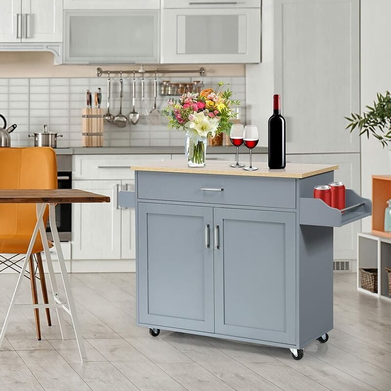 Servierwagen mit Schublade & Schrank, Rollbarer Küchenwagen, Beistellwagen mit Verstellbarer Trennwand, 2 Raeder mit Bre...