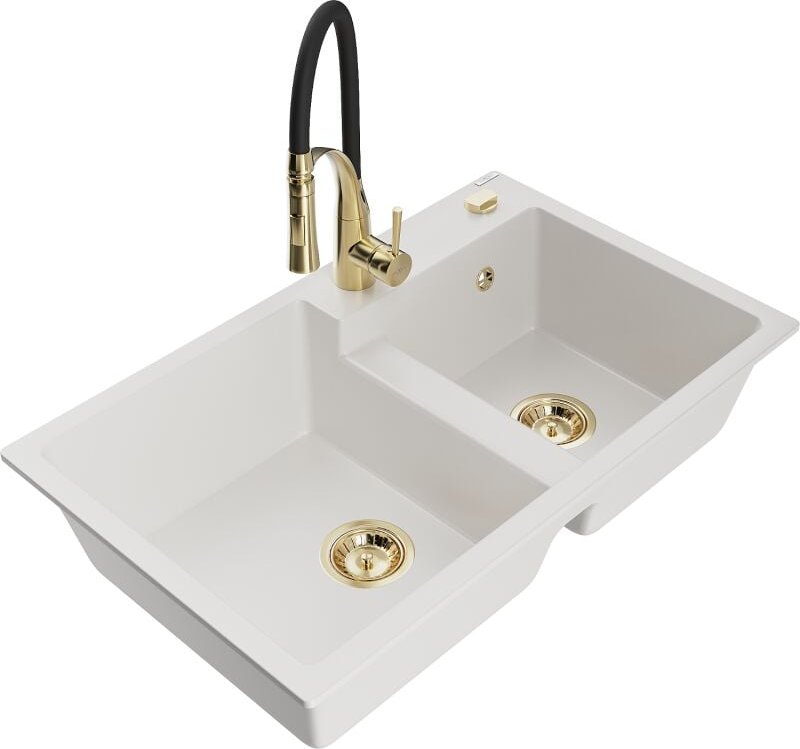 Mexen Tomas 2-Becken-Granitspüle mit Mischbatterie Aster, Weiß - 6516-20-73450-57-G