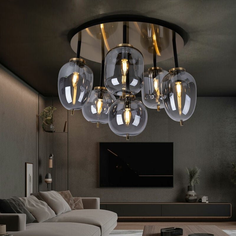 Globo - Deckenlampe Deckenleuchte Wohnzimmerlampe Esszimmerleuchte, 6 flammig, Metall messing Glas rauchfarben, 6x E14 F...