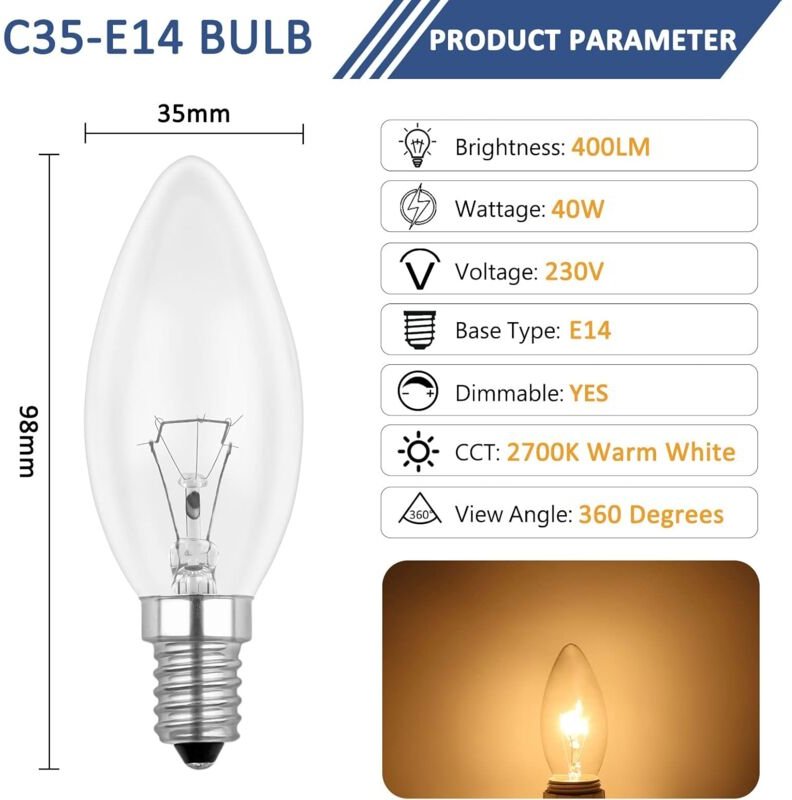 Aougo - E14 40 w klare Kerzenbirne, dimmbare Glühlampe, Warmweiß 2700 k, 400 lm, Flammenbirne, E14 Edison-Schraub-Kerzen...