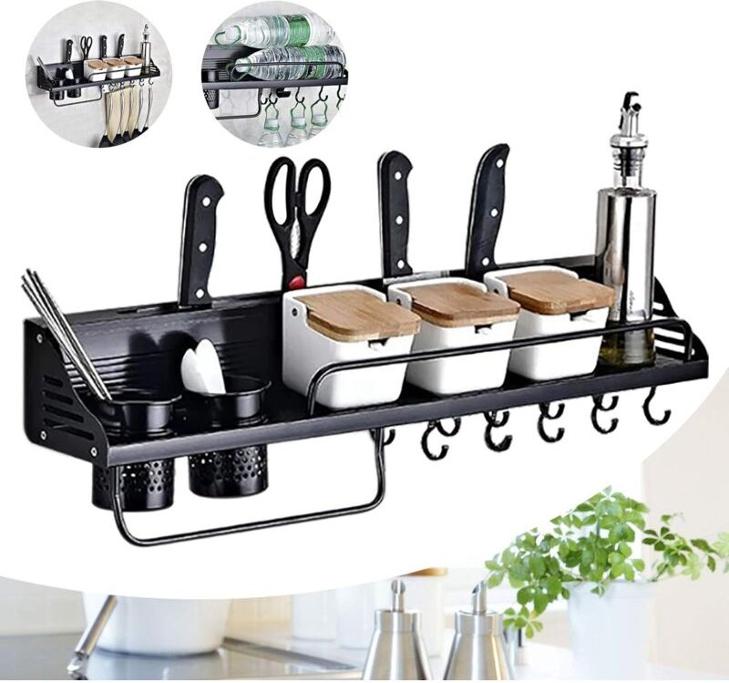 80cm Gewürzregal Küchen Wandregal Küchenablage Hängeregal Badregal Messerregal mit 10 Haken, aus Raum Aluminium, Bohren ...
