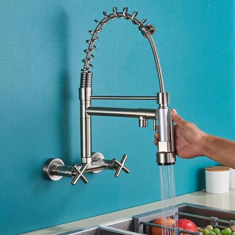 Wandmontierte Küchenarmatur mit ausziehbarem Brausekopf, 360° drehbare Spültischarmatur mit 3 Strahlarten, Einhebel-Küch...