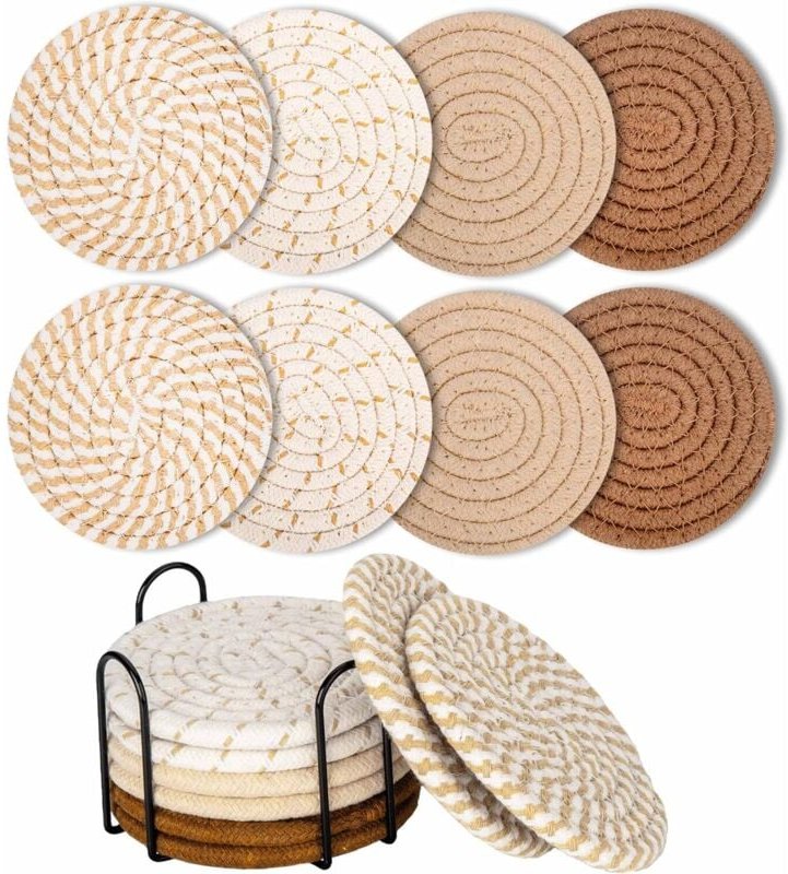 Runde Untersetzer mit Halter – Rutschfeste, geflochtene Baumwolluntersetzer für Gläser (gelb)