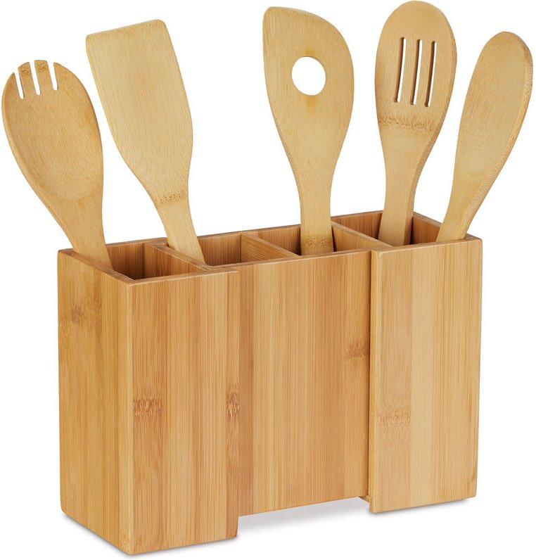 Relaxdays - Küchenutensilienhalter aus Bambus, 5er Set Kochlöffel, ausziehbarer Besteckhalter hbt: 17 x 25 x 10 cm, natu...