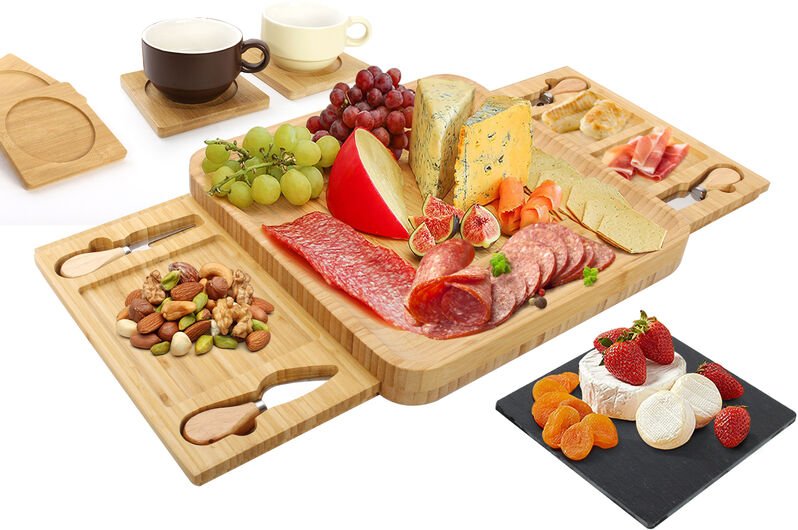 Käsebrett aus Bambus 33*33*4CM Käseplatte mit Käsemesser Set und 2 versteckter Schubladen, 4 Untersetzer und 1 Schieferp...