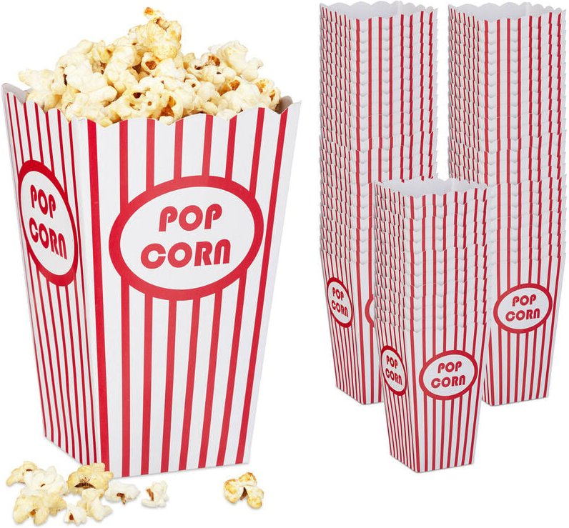 Relaxdays Popcorntüten, 60er Set, gestreift, Retro-Optik, Kino, Filmabend Zubehör, Pappe, Popcornbehälter, rot/weiß