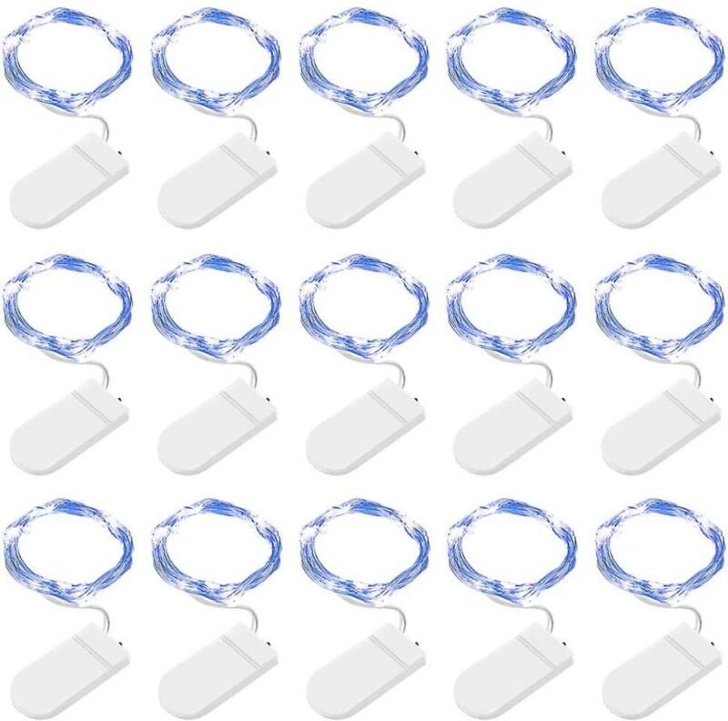 BEBUSINGOTO LED-Lichterkette, 15er-Pack, 2 m, 20 Lichterketten, batteriebetrieben, Kupferdraht (blau)